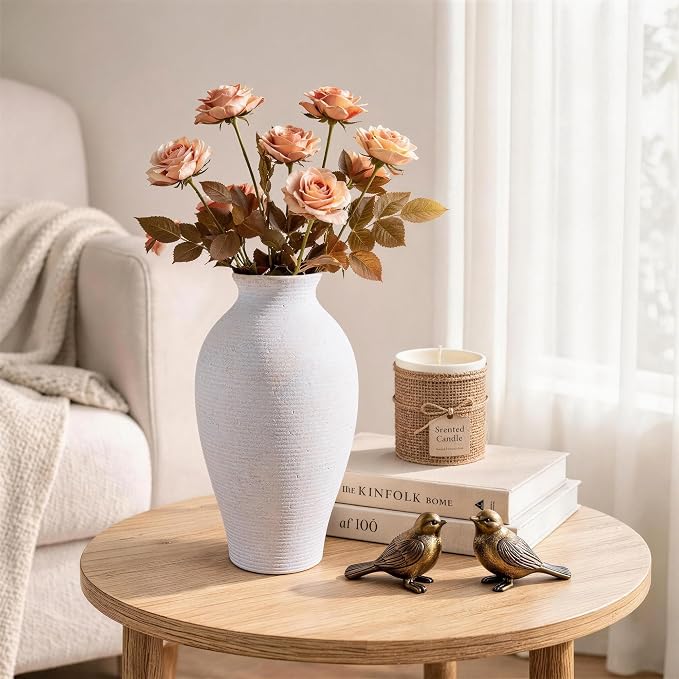 Ceramic Flower Vase Home Decor, 11 in Farmhouse Table White Vases Rustic Vintage Living Room Kitchen Bedroom Decorations Pottery Decorative Vases for House Shelf Office Coffee Desk Dining Fireplace