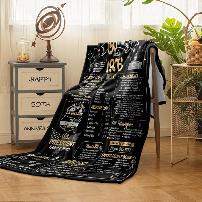 50th Anniversary Wedding Blanket Gifts Gift for 50th Wedding Anniversary Golden 50 Years of Marriage Gifts for Couple Wife Husband Dad Mom Parents Back in 1976 Blanket 60Lx50W