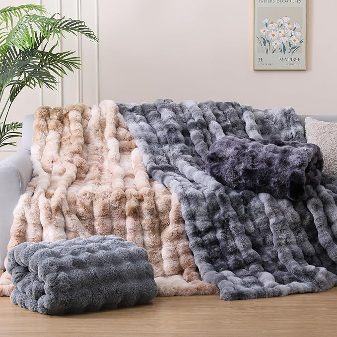 Super Comfort Oversized Warm Thick Bubble Luxury Plush Rabbit Faux Fur Throw Blanket, Fluffy Blanket,Soft Cozy Blanket for Couch Chair Bed Sofa Living Room (Tie-Dye Black, 60inX80in)