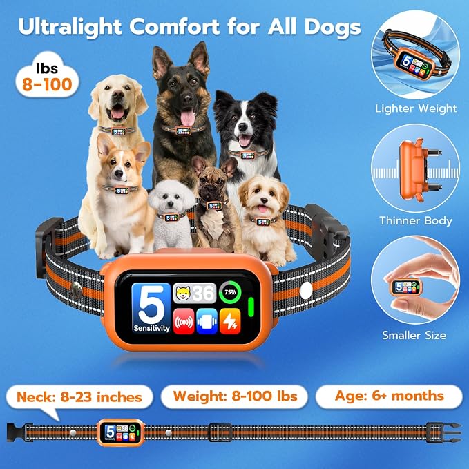 Bark Collar for Small Medium Large Dogs 8-100lbs | Upgraded Smart AI Anti Barking Collar w/AirTag Holder, 5 Modes (Beep/Vib/Safe Shock), Adjustable Sensitivity, Bark Counter, Rechargeable Waterproof