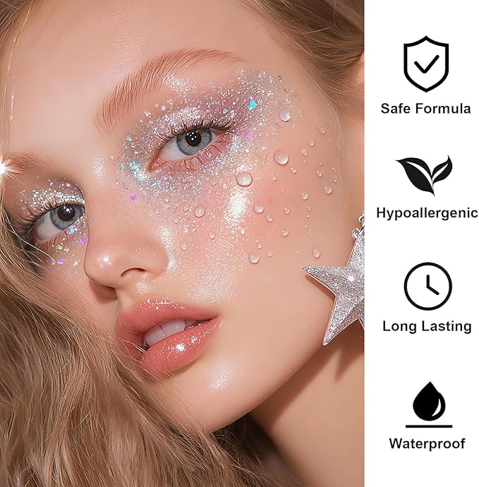 Face Body Glitter Set for Women and Kids, White Silver Purple Holographic Mermaid Sequins Chunky Glitter Makeup for Music Festival Rave Accessories, Christmas, Wedding, New Year, Prom