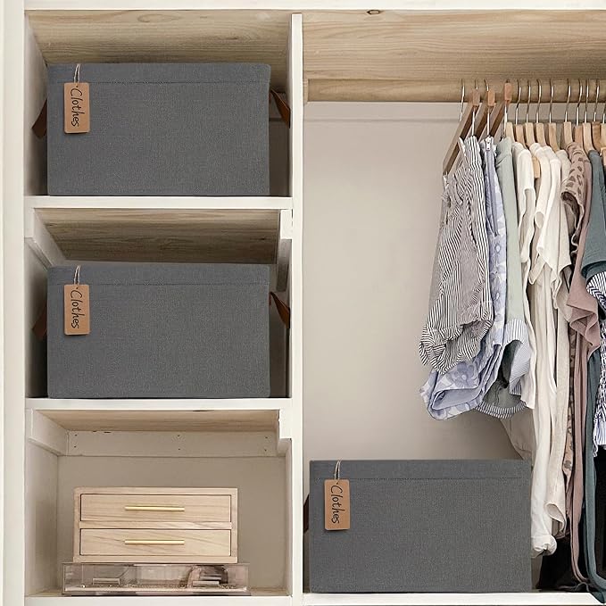 CHICVITA 20L Fabric Storage Baskets for Shelves, Metal Frame, 2-Pack, Grey | 14 ¾" L x 10 ¼" W x 8 ¼" H, Leather Handles, Clothes, Towels & Shoes Storage, Closet, Bedroom & Entryway Organization
