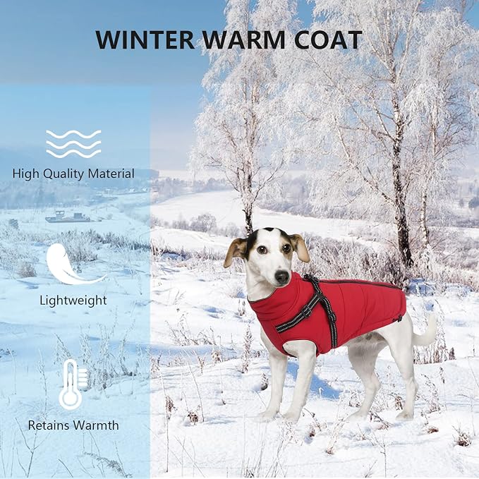 Geyecete Winter Warm Coat Waterproof Dog Jacket with Harness Traction Belt,Pet Outdoor Jacket for Small Dogs-Red-XS