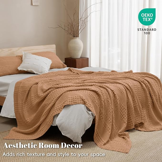 PHF 100% Cotton Waffle Blanket Twin Size, Lightweight Breathable Summer Blanket for Hot Sleepers, Pre-Washed Soft Layer for Bed, Dorm, Couch & Guest Room, Home Decor Gift, 66"x90", Clay