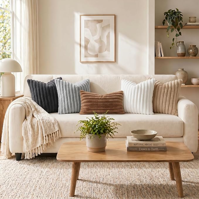 Pallene Faux Fur Decorative Throw Pillow Covers 16x16 Set of 2, Grey | Luxury Plush Texture, Striped Design, Cozy Soft Touch, Modern Home Accent Decor for Couch, Sofa, Bed, Living Room