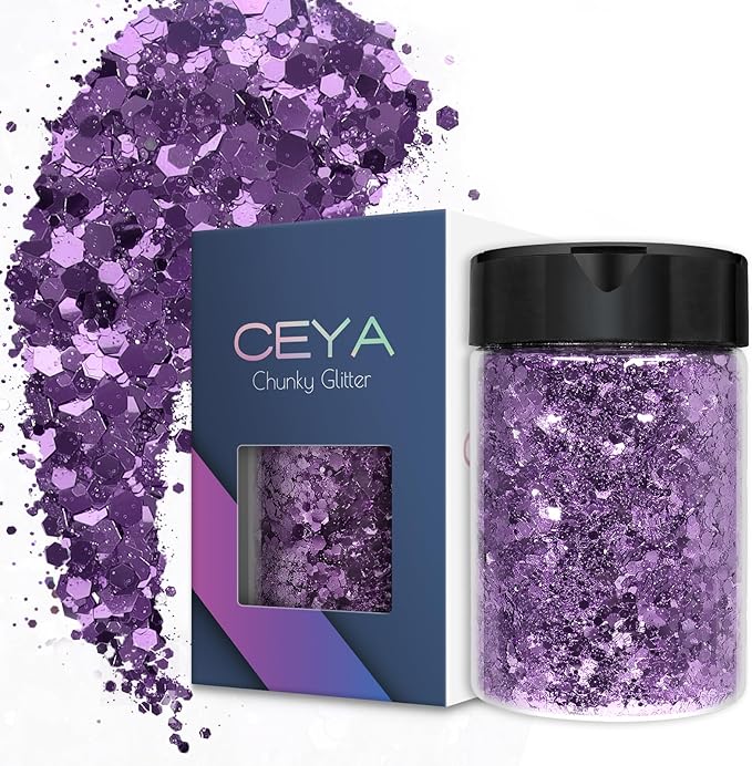 Ceya Chunky Glitter, 4.9oz/ 140g African Violet Craft Glitter Powder Mixed Fine Flakes Iridescent Nail Sequins for Nail Art, Hair, Epoxy Resin, Tumblers, Slime, Painting, Festival Decor