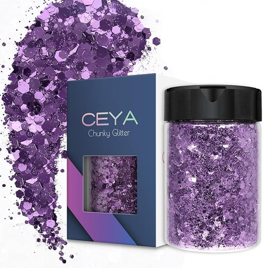 Ceya Chunky Glitter, 4.9oz/ 140g African Violet Craft Glitter Powder Mixed Fine Flakes Iridescent Nail Sequins for Nail Art, Hair, Epoxy Resin, Tumblers, Slime, Painting, Festival Decor