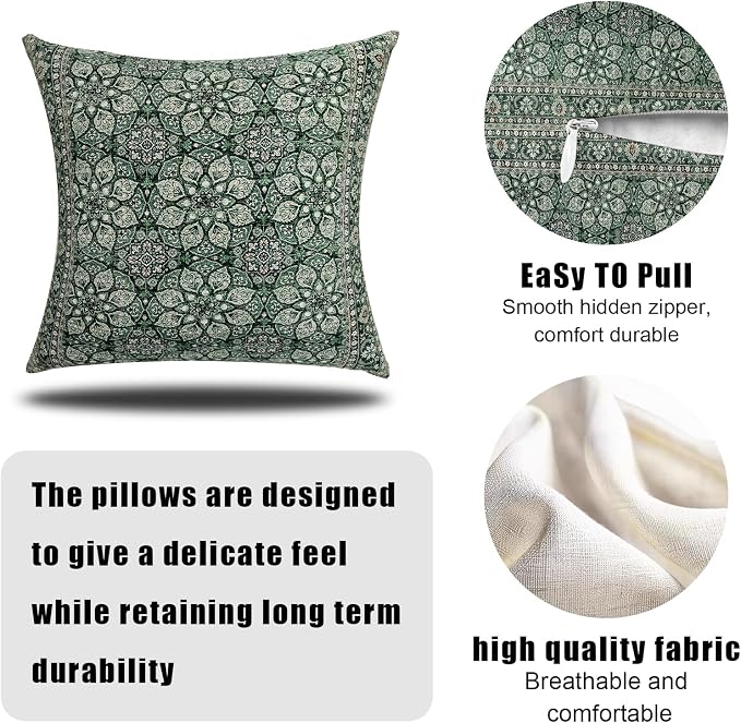 Boho Throw Pillow Covers 20x20 inch Set of 2,Soft Pillowcases Bohemia Carpet Printing Pattern Decorative Sofa Living Room Bed Square Pillow Case Cushion Cover-Green Flower