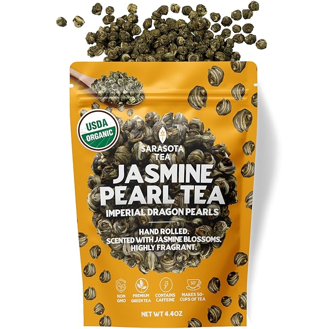 Organic Jasmine Pearls Loose Leaf Tea | Hand-Rolled Green Tea Scented with Jasmine Blossoms | USDA Organic | Premium Dragon Pearls | 4.4oz Bag | Floral & Smooth | Non-GMO