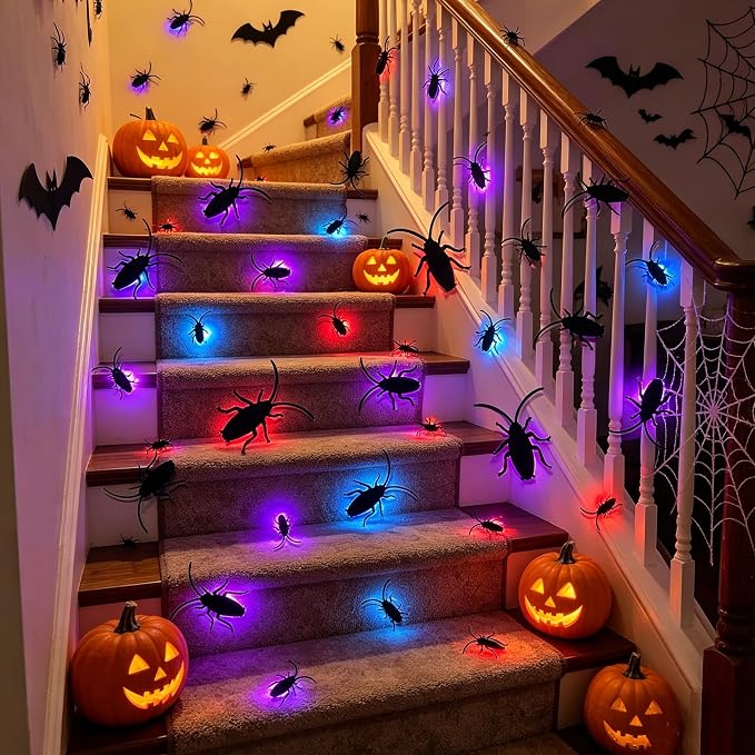 DR.DUDU 36 Pack Halloween Wall Decor 3D Cockroach Window Stickers | LED Lights, Removable PVC, Assorted Sizes, Light Up Roach Wall Decals, Indoor Outdoor Bathroom Home Party Decor