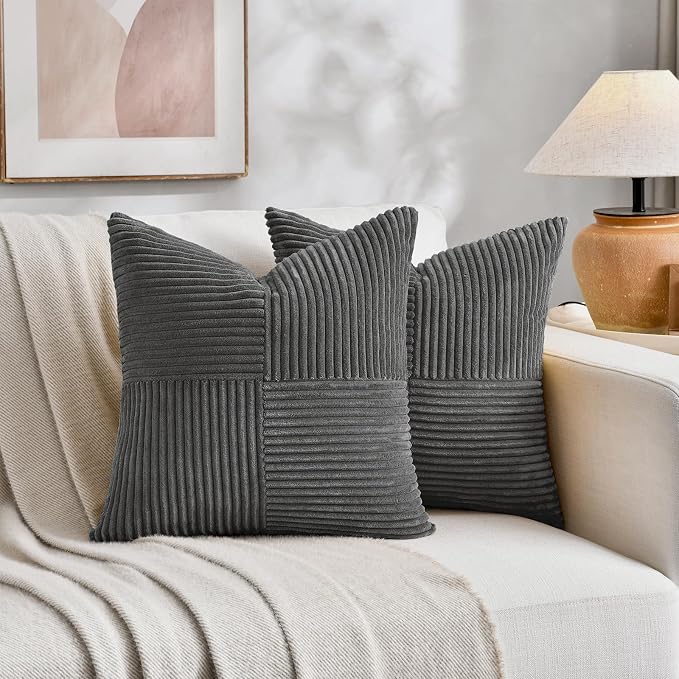 Fancy Homi Dark Gray Euro Decorative Throw Pillow Covers 26x26 Inch for Living Room Couch Bed Sofa, Rustic Farmhouse Boho Home Decor, Soft Corss Corduroy Patchwork Textured Square Cushion Case 66x66cm