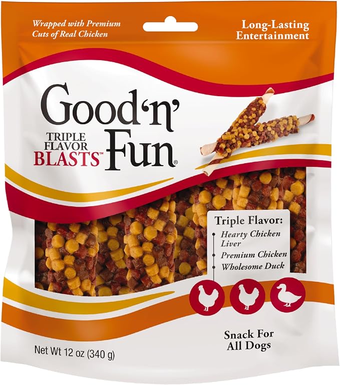 GOOD 'N' FUN Blasts Long-Lasting Dog Treat Made with Real Protein, 12 oz | Premium Chicken, Duck, Pork and Beef Hide Chew, Supports Dental Health and Mental Stimulation, For Adult Dogs