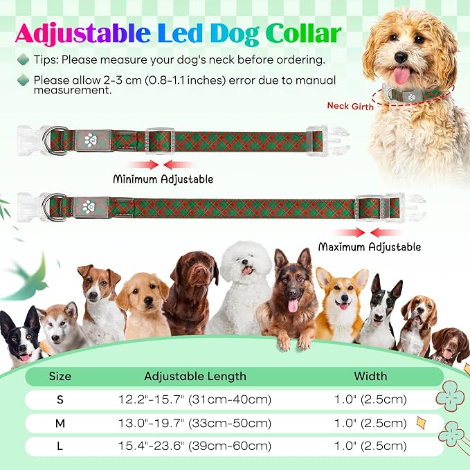 Light up Dog Collar Rechargable - Multicolor LED Dog Collar, 7 Colors Safety Dog Lights with Battery Indicator, Waterproof and Adjustable Argyle Print Glow Collar for Dogs (Festive Plaid, S)