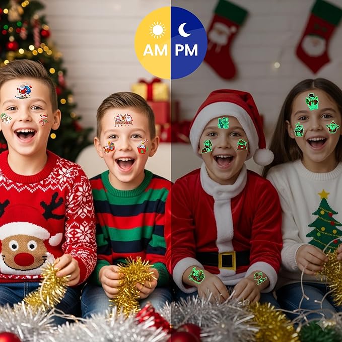 Luminous Christmas Temporary Tattoos - 60Pcs Christmas Decorations Xmas Party Decorations Party Favors Supplies Accessories Goodie Bags Decor Winter Reindeer Santa Claus Gift Idea For Kids Youth Adult