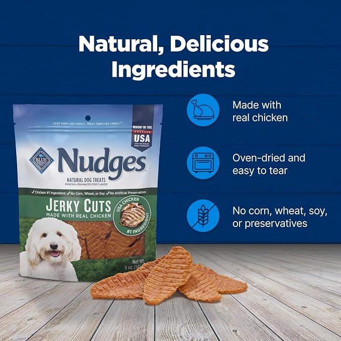 Blue Buffalo Nudges Jerky Cuts Chicken Dog Treats, 5 oz | Real Chicken First, Oven-Dried, Easy to Tear, No Chicken By-Product, Corn, Wheat, or Soy