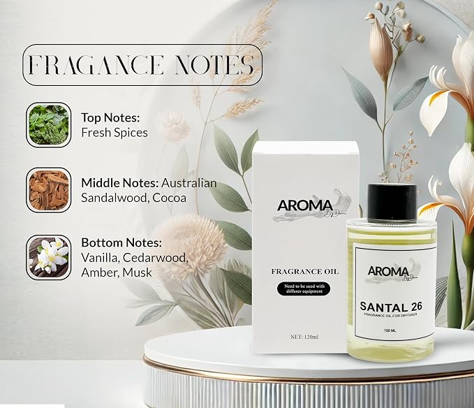Essential Oils for Diffuser - Santal 26 Fragrance Oil Blend - Luxury Hotel Inspired Aromatherapy Oils - Fresh Spices, Sandalwood and Cedarwood Scent - 120ml