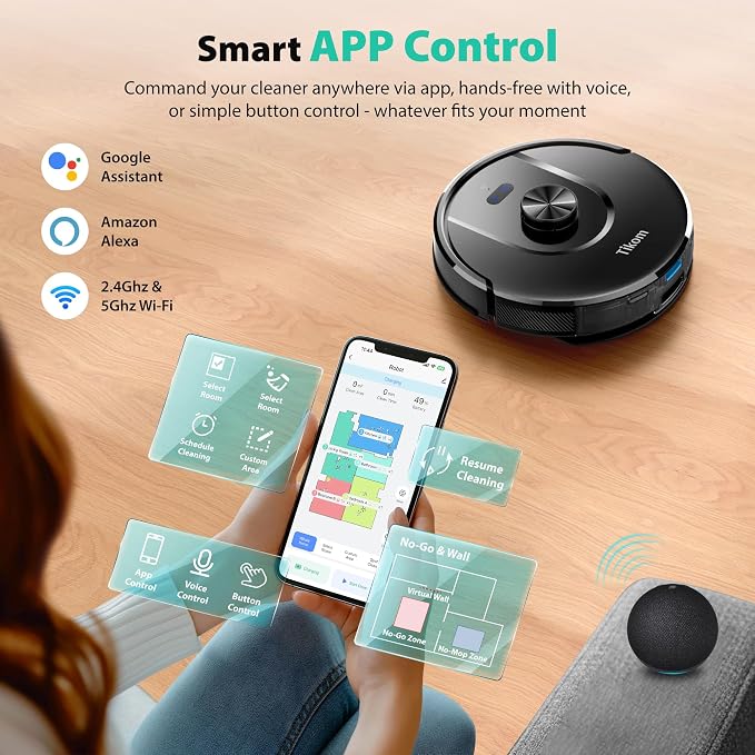 Tikom Robot Vacuum and Mop, Robotic Vacuum Cleaner with Self-Emptying Base | 6000Pa, 90 Days Capacity, LiDAR Navigation, Home Mapping, Ideal for Pet Hair, Hard Floors, Carpet (L8000 Plus)