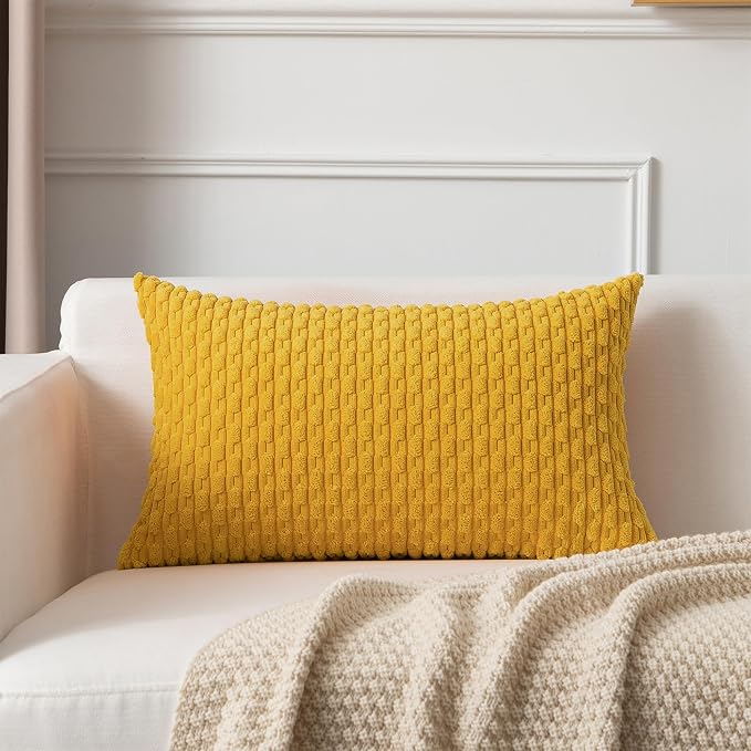 Kevin Textile Soft Corduroy 12"x24" Pillow Cover 1 Pack, Mustard Yellow | Boho Stripe Plush Corduroy Decorative Oblong Cushion Cover Modern Farmhouse Home Decor for Sofa Couch Bed Chair