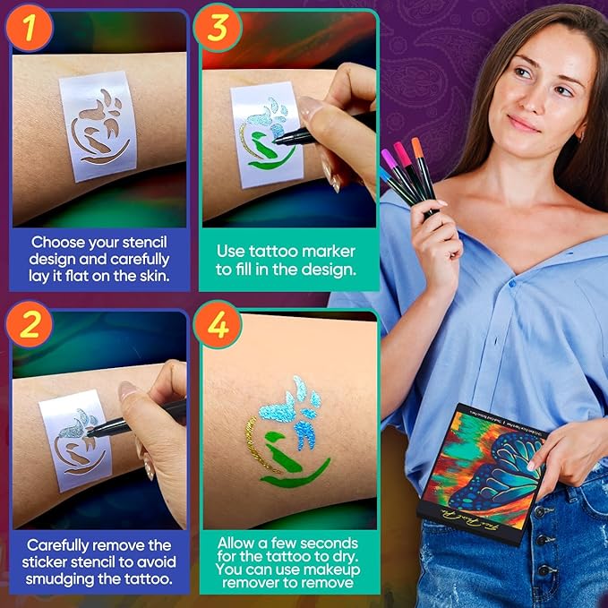 Temporary Tattoo Markers for Skin - Dual Tip 10 Colors Tattoo Pens for Skin Temporary, Washable Metallic Tattoo Markers with Stencils, Flexible Body Markers, Skin-Safe Face Paint Kit for Kids Adults