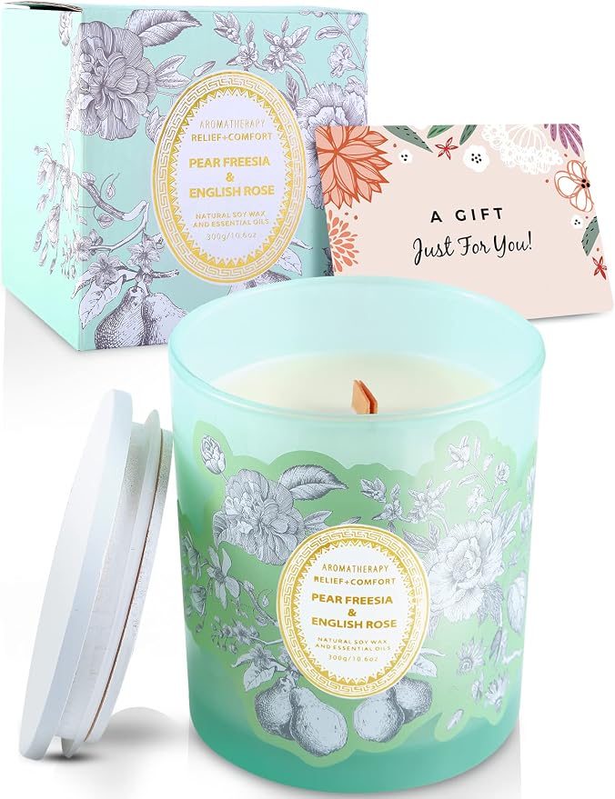 Pear Freesia English Rose Candle | 10.6oz Wood Wick Soy Scented Candle for Home | Relaxing Floral Garden Aromatherapy Candle | Long Lasting Clean Burn | Housewarming Gift for Women & Men