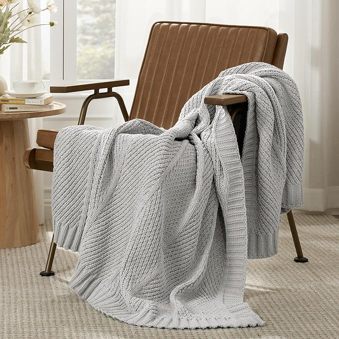 Knit Throw Blanket, Soft Chenille Cozy Breathable Chevron Chunky Decorative Blanket for Couch, Bed & Sofa, French-Inspired Lightweight Warm Gift for Women, Light Gray, 50"x60"