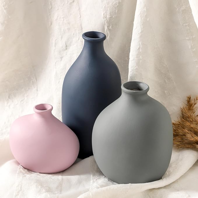 Small Ceramic Vase Set of 3, Modern Decorative Pottery Vases | Three different shapes with matte finishes, perfect for shelves, tabletops, dried flowers and stylish room accents.