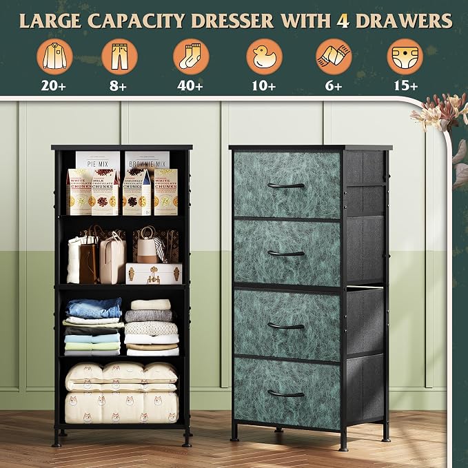 WLIVE Small Dresser Nightstand for Bedroom, 4 Drawers, Vintage Green | 4 vertical fabric drawers, Space-saving tower, Bedroom or closet use, Chest of drawers, Dresser for small spaces