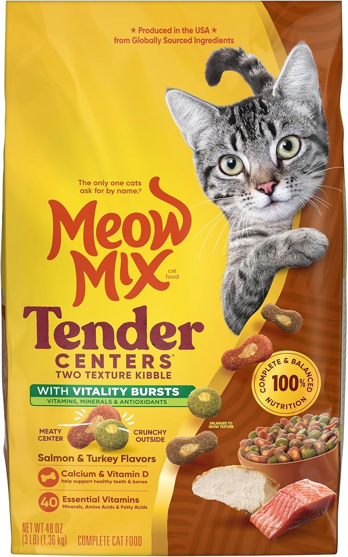 Meow Mix Tender Centers, Dry Cat Food, Salmon & Turkey Flavors, 4 Bags | 3-lb bags, two texture kibble with vitality bursts, meaty center surrounded by a crunchy outer layer