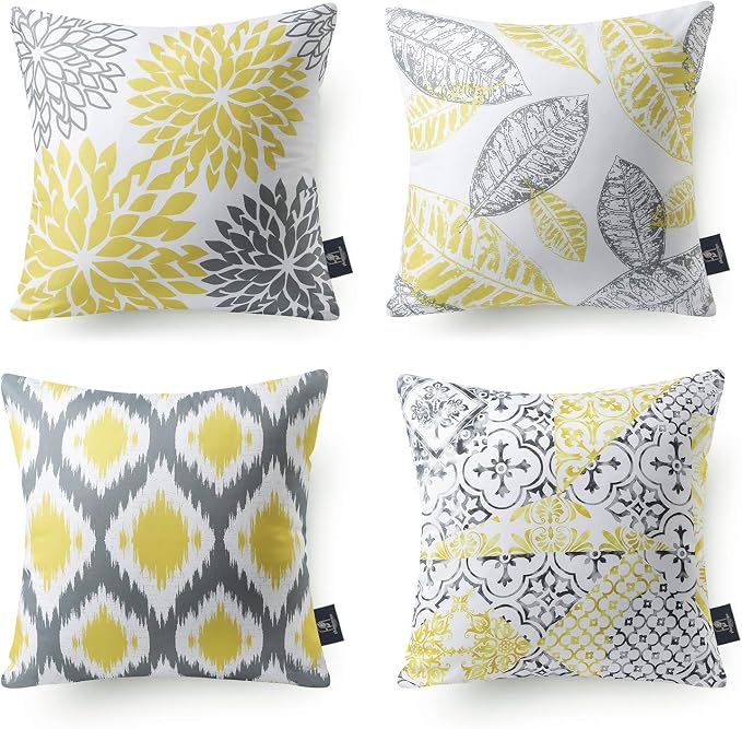Phantoscope Set of 4 New Living Series Leaf Geometric Throw Decorative Pillow Cover Cushion Cover, Yellow and Grey, 22 x 22 inches, 55 x 55 cm