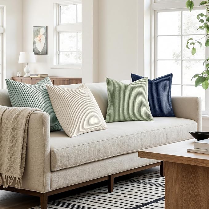 MIULEE Soft Corduroy Decorative Throw Pillow Covers Muted Teal 18x18 | Set of 4, Mordern Nordic Decor, Muted Morandi Tones, Boho Farmhouse Cushion Covers for Couch Bed Sofa Living Room