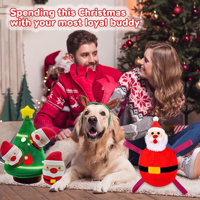 lilfrd Christmas Dog Toys, 4 Pack Santa Xmas Tree Hide & Seek Squeaky Toy
