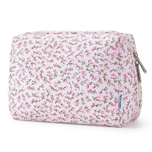 Narwey Cute Floral Makeup Bag Travel Cosmetic Bag Organizer Toiletry Bag Make Up Bags with Compartments for Women Girls (Pink Flower, Large)