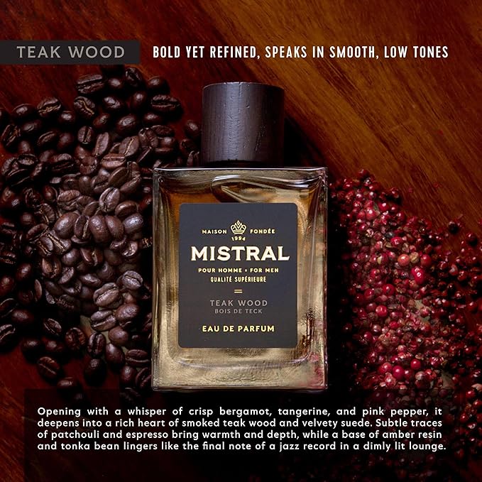Mistral Men’s Cologne – Teakwood Eau de Parfum | Woody & Earthy Masculine Scent with Citrus, Jasmine, Patchouli & Musks | Cruelty-Free & Long-Lasting Perfume for Men, Made in France - 3.4 Oz