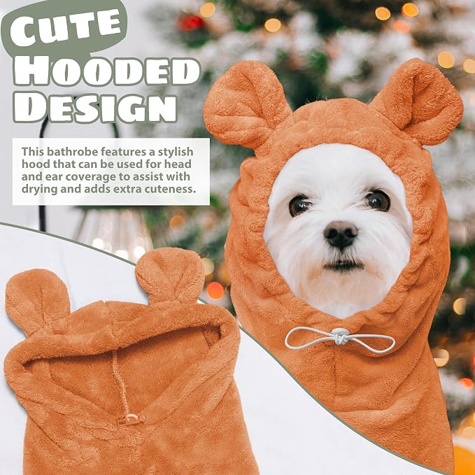 Dog Bathrobe Super Absorbent Towel Robe - Microfiber Bath Towels Fast Drying Coat for Dogs, Cute Dogs Clothes Adjustable Collar & Belly Strap Warm Keeping Hooded Dog Towel (Orange, Large)