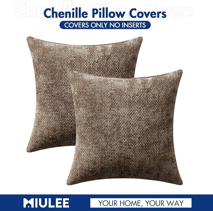 MIULEE Decorative Couch Throw Pillow Covers 18x18 Inch Brown 2 Pack | Modern Boho Accent, Soft Chenille Pillow Covers, Farmhouse Cushion Cases for Home Decor Bed Sofa Living Room