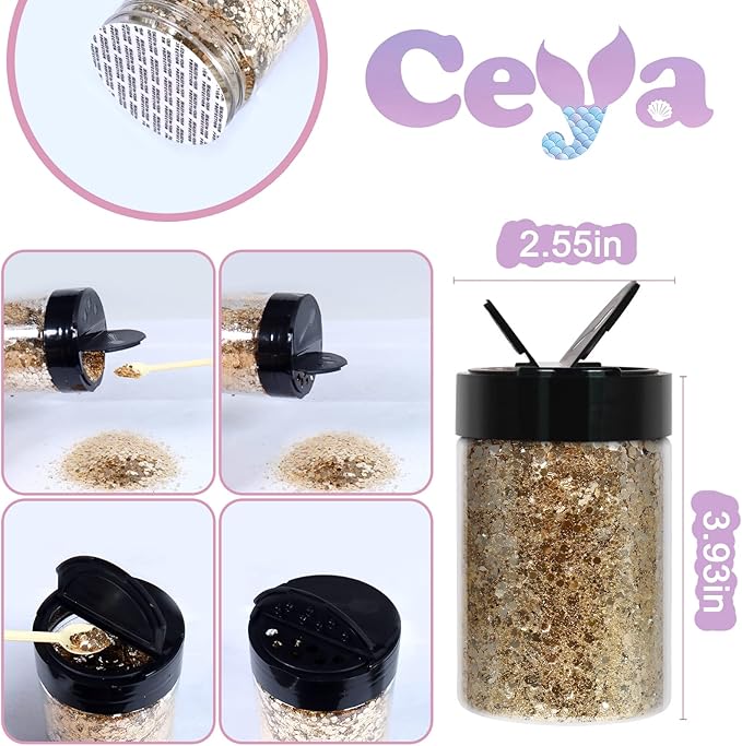 Ceya Chunky Glitter, 4.9oz/ 140g Luxury Gold Craft Glitter Powder Mixed Fine Flakes Iridescent Nail Sequins for Nail Art, Hair, Epoxy Resin, Tumblers, Slime, Painting, Festival Decor