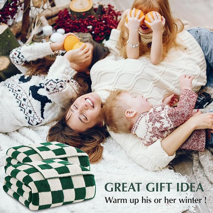Soft Twin Size Checkered Blanket for Bed-Cozy Knitted Blankets | Lightweight Fluffy Warm Decor for Women, Mom, Her & Girls, Sofa, Chair, Couch, 60x80in, Avocado Green