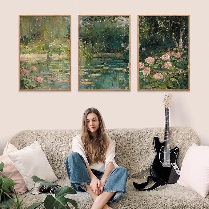FWIEXA Monet Framed Canvas Wall Art Set, Impressionist Floral Garden Wall Decor, 3 Piece Claude Monet Botanical Artwork, 16x24 Inches Nature Landscape Prints for Living Room, Bedroom