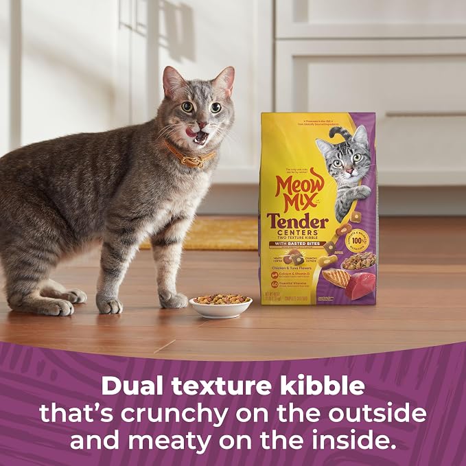 Meow Mix Tender Centers Dry Cat Food with Basted Bites, Chicken & Tuna Flavors, 3 Pound Bag (Pack of 8)