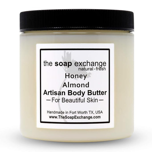 The Soap Exchange Body Butter - Honey Almond Scent - Hand Crafted 16 fl oz / 480 ml Natural Artisan Skin Care, Shea Butter, Aloe Vera, Nourish, Moisturize, & Protect. Made in the USA.