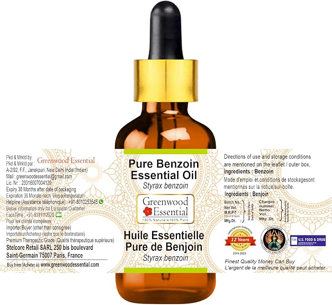 Greenwood Essential Benzoin Essential Oil (Styrax Benzoin) with Glass Dropper | Pure | Viscous Texture | Rich Aroma | Unisex | All Skin Types |Natural Extract Steam Distilled 5ml (0.16 oz)