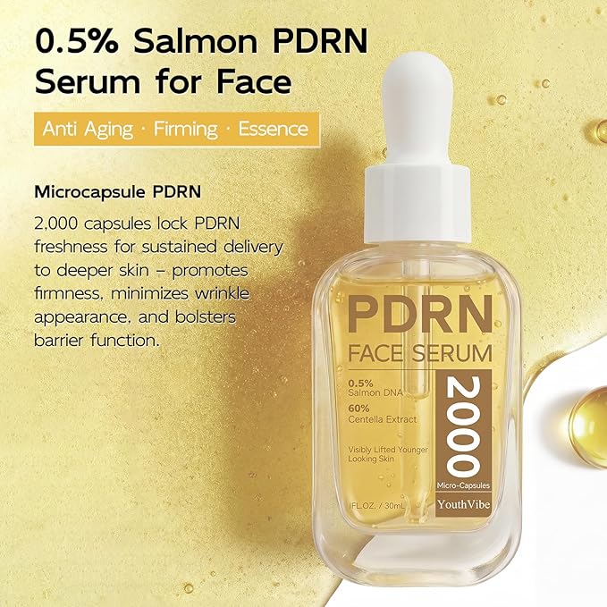 YouthVibe 0.5% PDRN Serum for Face, Anti-Aging Salmon DNA Face Serum with Hyaluronic Acid + Niacinamide + Squalane, Firming & Hydrating, Helps Smooth the Look of Fine Lines & Wrinkles, 30mL