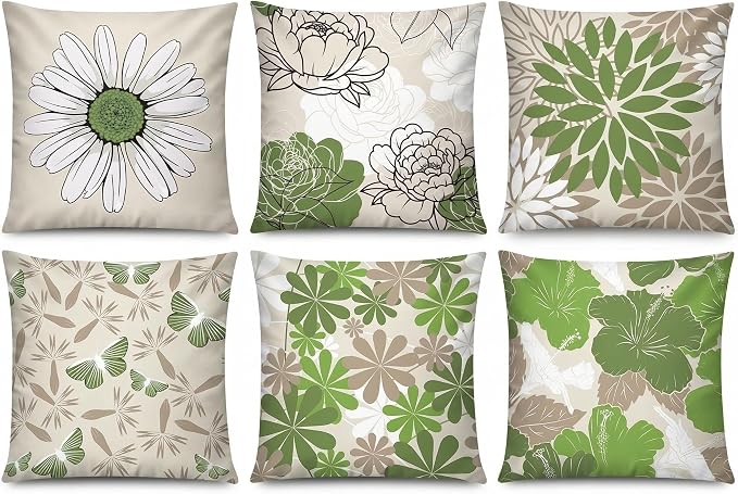 COMMINY Sage Green Linen Pillow Covers 18x18 Set 6 Farmhouse Throw Cover | Spring Summer flower, decorative Daisy Dhalia, Breathable Linen,Standard Throw Pillow Size, Bedroom Accent Couch Sofa