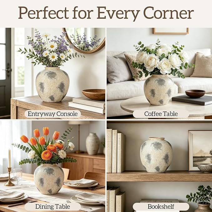 Cream Ceramic Flower Vase Speckled Bubble Glaze Home Decor | 6.29 Inch Rustic Table Vase,Decorative Ornament for Living Room,Office,Wedding,Birthday