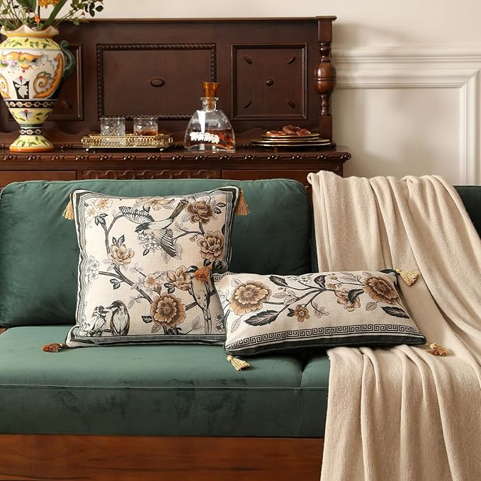 Vintage Elegant Linen Square Throw Pillow Cover,18"x18"-Murad A | Designer French Decor Pillow Cover,Concealed Zipper Design,Floral and Bird Pattern,Sofa,Bedroom,Living Room,Lounge Chairs