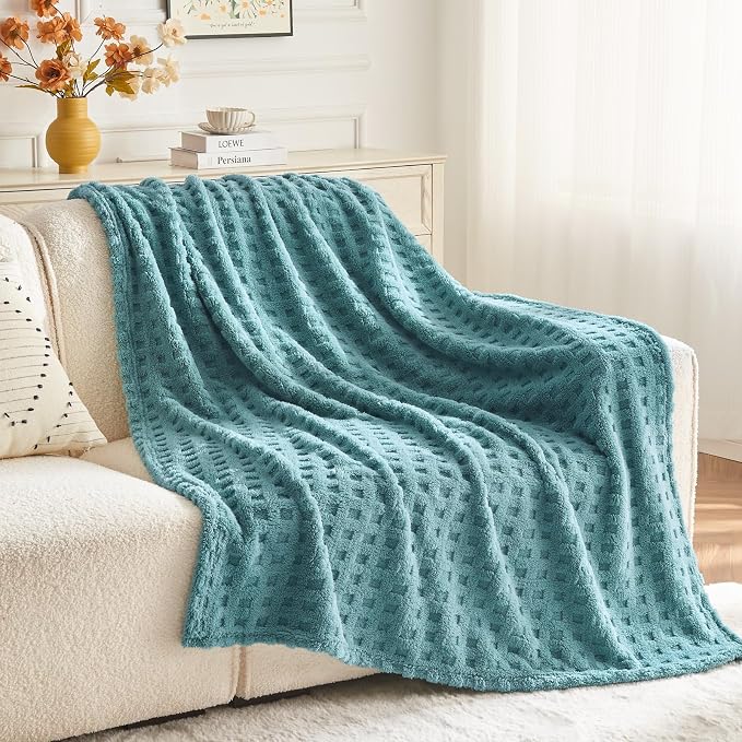 NEWCOSPLAY 3D Waffle Checkered Flannel Throw Blanket, Light Teal, 50"x70" | Super Soft Cute Lightweight Decorative Premium Silky Fleece Blanket for Couch Sofa Bed, Gift for Women Men, All Season Use