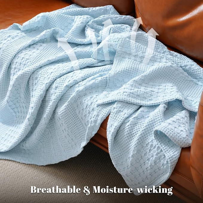 PHF 100% Cotton Waffle Weave Throw Blanket, Lightweight Breathable Summer Blanket for Couch Sofa, Pre-Washed Soft Throws for Bed, Office, Travel & Stylish Home Decor, 50"x60", Baby Blue