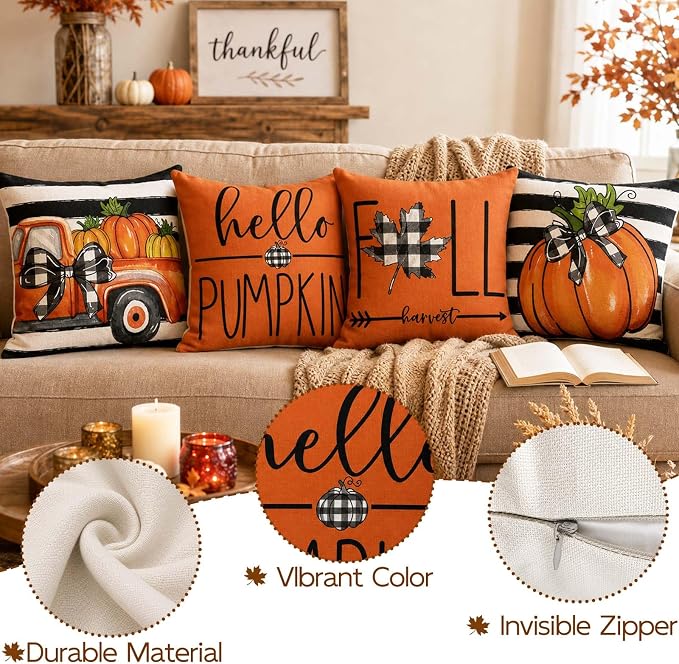 Fall Throw Pillow Covers for Home Strip Pumpkin Pillowcase 18x18 Set of 4 | Hello Pumpkin, Fall Harvest, Vintage Orange Truck, Sofa Covered Patio Farmhouse Thanksgiving Decor Cushion Case