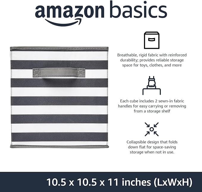 Amazon Basics Collapsible Fabric Storage Bins with Handles, Cube Organizer for Home Organization, White/Light Grey Stripe, 10.5"x10.5"x11" (Pack of 30)