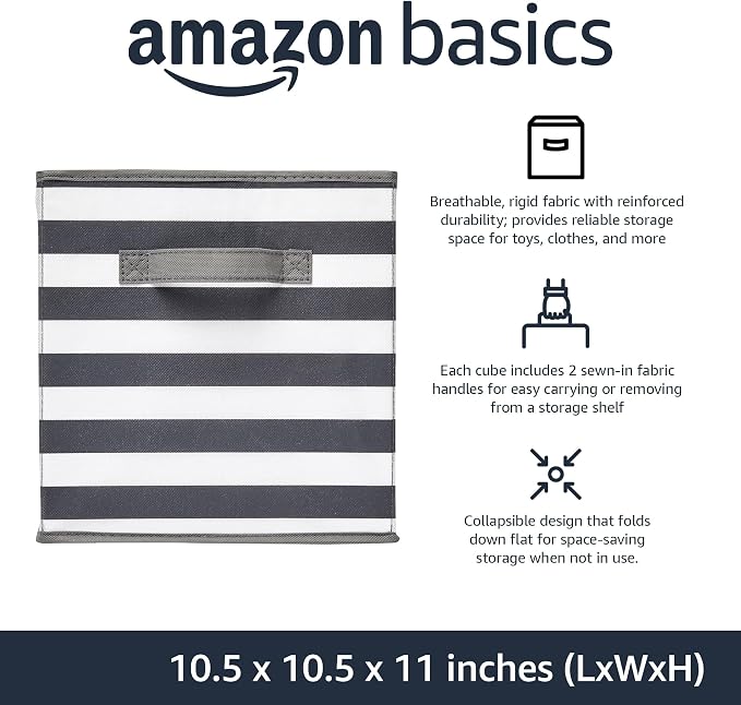Amazon Basics Collapsible Fabric Storage Bins with Handles, Cube Organizer for Home Organization, 10.5"x10.5"x11", White/Light Grey Stripe, 6-Pack